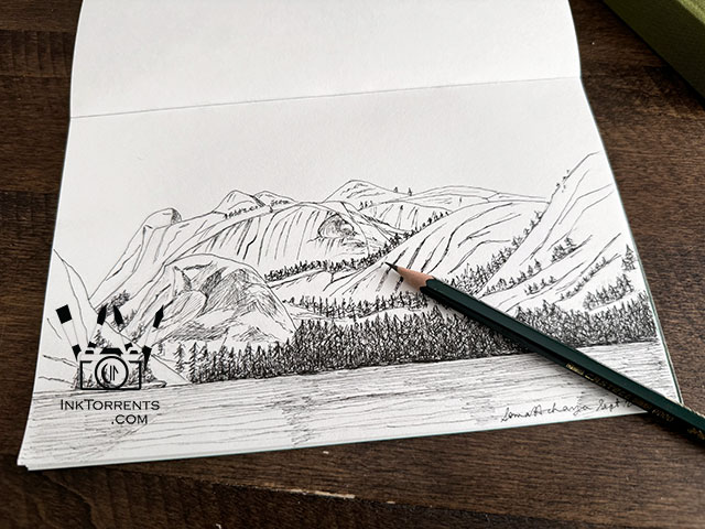 Tenaya Lake Tioga Pass Yosemite National Park pen drawing by Soma Acharya @ inktorrents.com