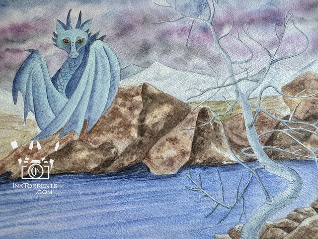 Eastern Sierra inspired Dragon and The Tree watercolor painting by Soma Acharya @ inktorrents.com